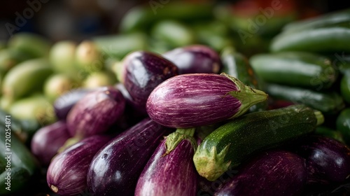 Wallpaper Mural Close up of fresh purple and green eggplants and zucchini piled at a vibrant market stall Torontodigital.ca