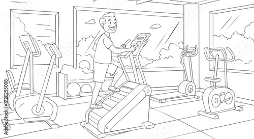 Line Art of Man Exercising on Stair Climber in Gym with Equipment