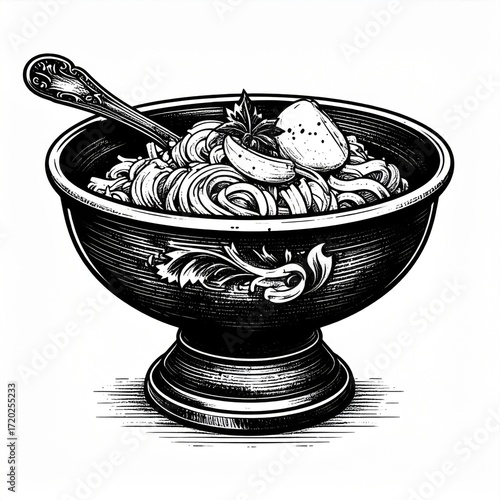 Monochrome Etching Illustration of Pasta in an Ornate Bowl with a Spoon Detail Render