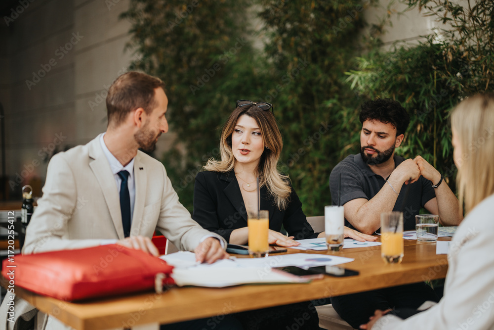 Obraz premium Three colleagues engage in a strategic discussion during a business meeting in an outdoor setting, emphasizing collaboration.