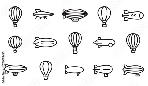 Air transport icon pack with balloons and blimps in outline stroke style for adventure and exploration themes