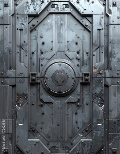 Futuristic metal door with intricate panels