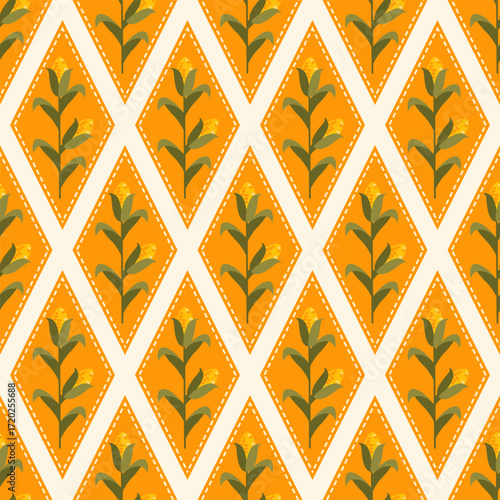 Seamless geometric pattern with green corn plants and yellow flowers inside orange diamond shapes on a white background, perfect for harvest-themed fabric, kitchen decor, and seasonal packaging