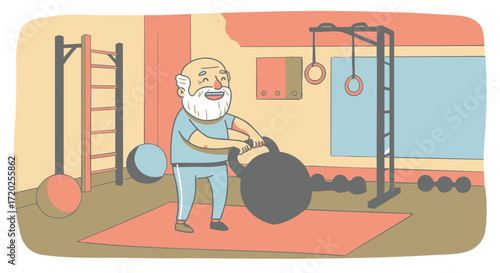 Happy and active senior man lifting a heavy kettlebell, showcasing strength and vitality during a home gym workout