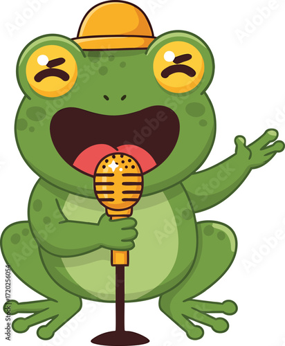 Cartoon frog singer with microphone wearing a hat singing