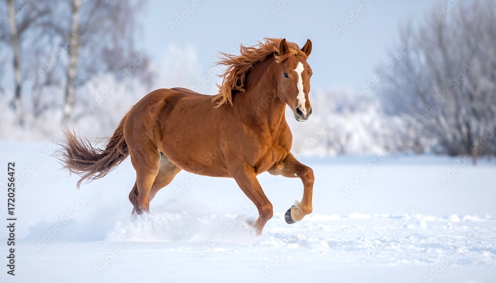 Obraz premium A chestnut horse galloping in a snowy winter landscape
