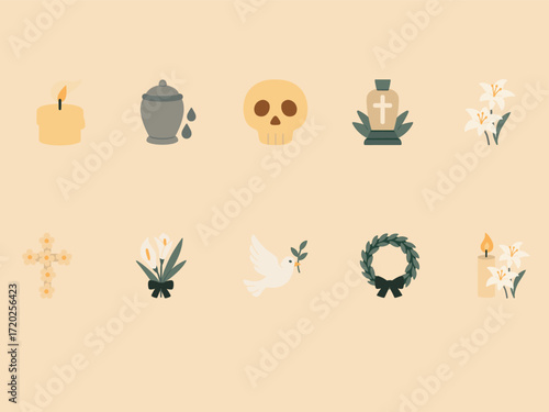 collection of memorial and remembrance icons on a beige background, including candles, urns, skull, tombstone, lilies, cross, calla flowers, dove, and wreath.