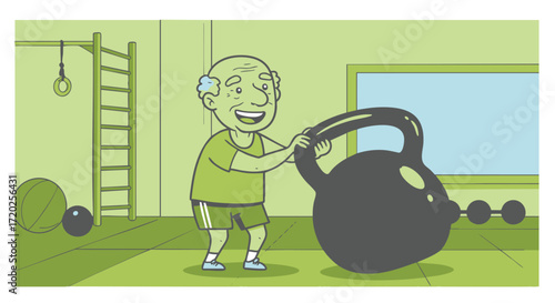 Active Senior Lifting Kettlebell in Gym Illustration