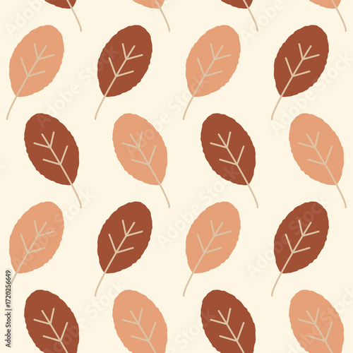 Seamless pattern of scattered autumn leaves in soft pink and brown tones on a cream background, perfect for cozy fabrics, wallpapers, and seasonal home decor