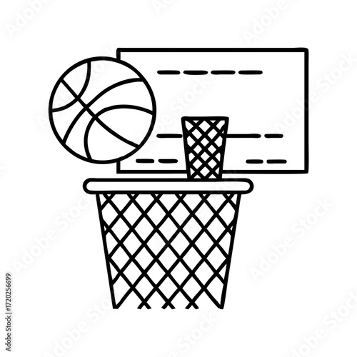 Vector art of line art illustration of a basketball going into a hoop with a backboard and net