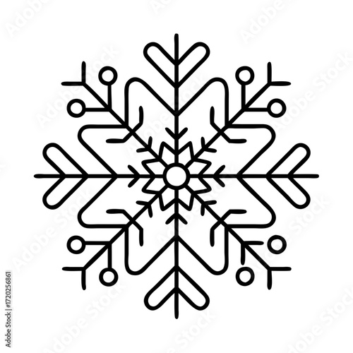 Vector art of a stylized, geometric snowflake icon with intricate details, isolated on a, representing winter and cold weather