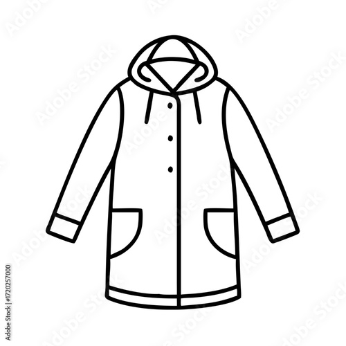 Vector art of simple line drawing of a hooded raincoat with pockets