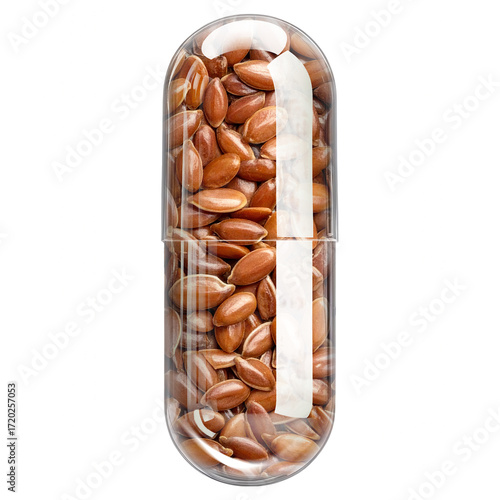 Transparent Glass Capsule with Whole Flaxseeds (Linseed) Isolated on White Background