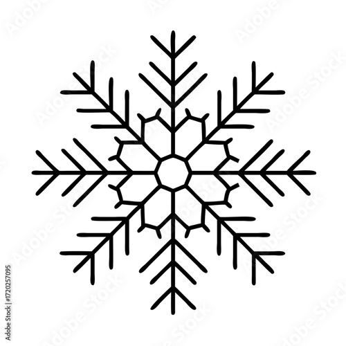 Vector art of a simple black line drawing of a snowflake isolated on a, representing winter and cold