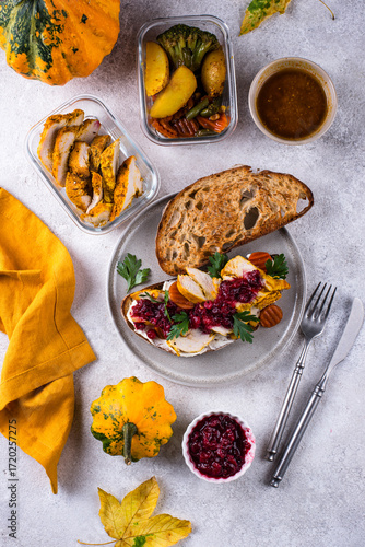 Photos Leftover Thanksgiving day sandwich with turkey