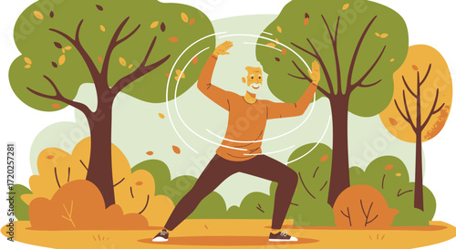 Senior Man Practicing Tai Chi in Autumn Park Health & Wellness