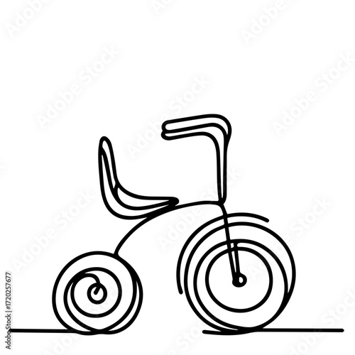 One line drawing of tricycle in minimalist black and white style for children's concept