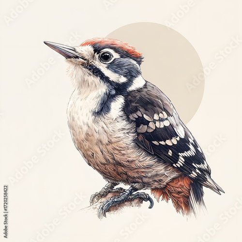 Cute and realistic illustration of a downy woodpecker with red spot