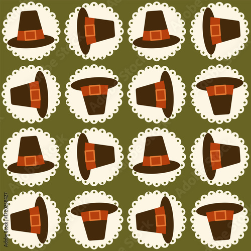 pattern with brown pilgrim hats featuring orange bands and buckles, framed by delicate white lace circles on a dark green background, perfect for festive fabric, greeting cards, and holiday decor