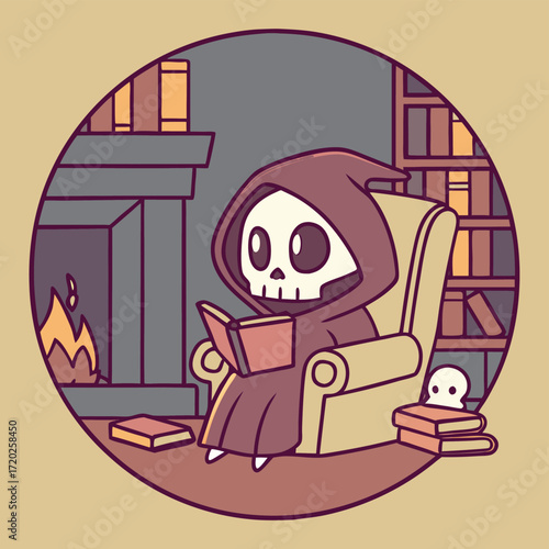 Vector art of cute grim reaper character sitting in a cozy armchair by a fireplace, reading a book