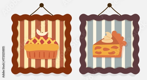 Trendy 3D dopamine-style posters with framed apple pie and pumpkin pie slices, striped background, modern interior decor, flat vector illustration