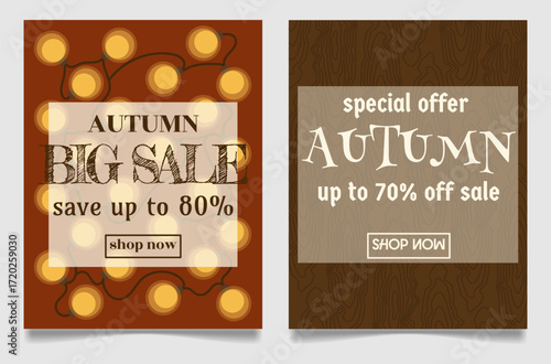 Two autumn sale posters: one with warm string lights on a dark red background, another with a wood grain texture in brown tones. Both feature seasonal sale themes