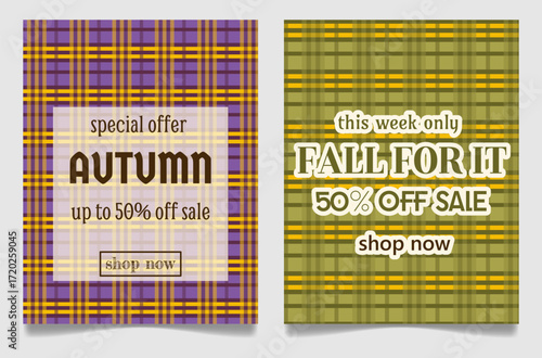 Two autumn sale banners with plaid background, 50% off promotion, bold typography, purple and green checkered pattern, isolated on light background, sale advertisement