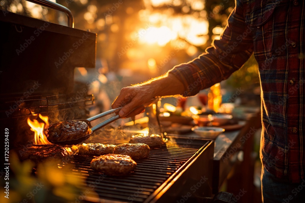 Fototapeta premium A person cooks burgers on a grill while enjoying a beautiful sunset. Friends and family gather around, creating a warm and festive atmosphere outdoors