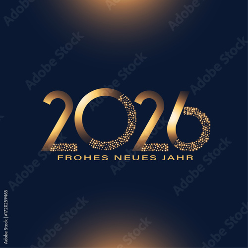 Karte oder Banner mit Neujahrsgrüßen für 2026 in Gold auf schwarzem Hintergrund mit goldenen Akzenten