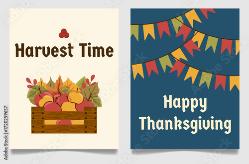 Two Thanksgiving cards with 'Harvest Time' and 'Happy Thanksgiving' text, hand-drawn harvest basket with fruits and leaves, colorful pennant banners, festive autumn design