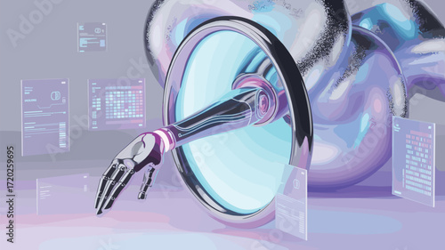 Robotic arm interacts, digital data, virtual screen, AI system, innovation technology, abstract background