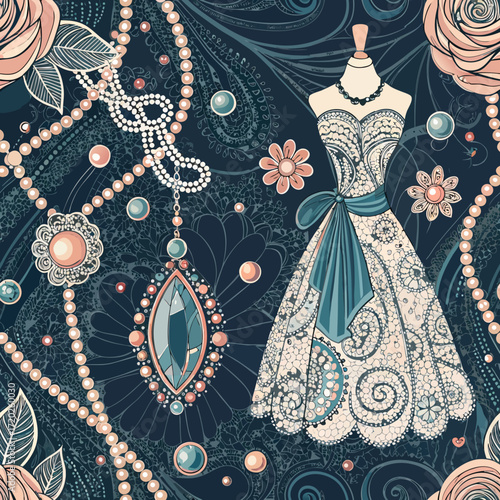 Decorative seamless design of jewelry and evening dress pattern  