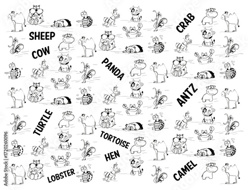 cow antz lobster tortoise turtle camel crab panda  hen sheep animals line arts