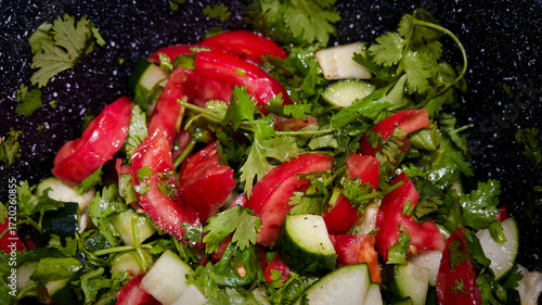 Cucumber tomato salad in the pot