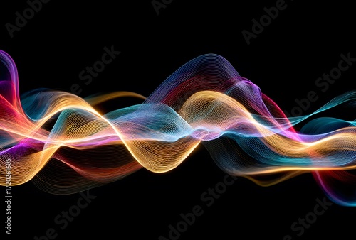 Colorful Light Trail Abstract with Flowing Waveforms in Red, Blue, and Purple on Black Background
