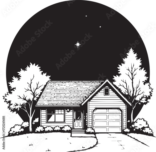 Tranquil Home Under the Stars: An artistic monochrome depiction of a cozy house under a serene night sky, nestled between trees, suggesting a peaceful suburban retreat.