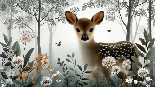 Adorable Fawn in a Mystical Woodland with Butterflies