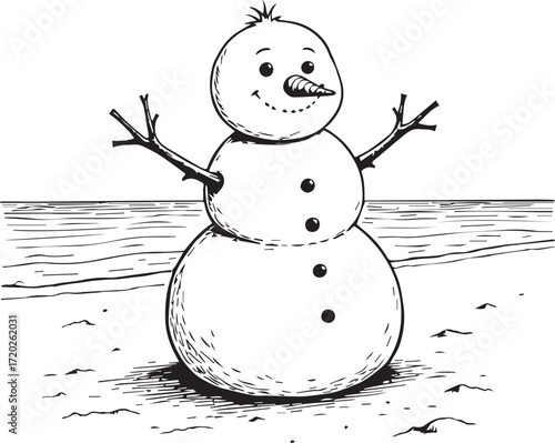 Snowman on the Beach: A whimsical hand-drawn illustration of a cheerful snowman basking on a sandy beach, a playful scene blending winter and summer.