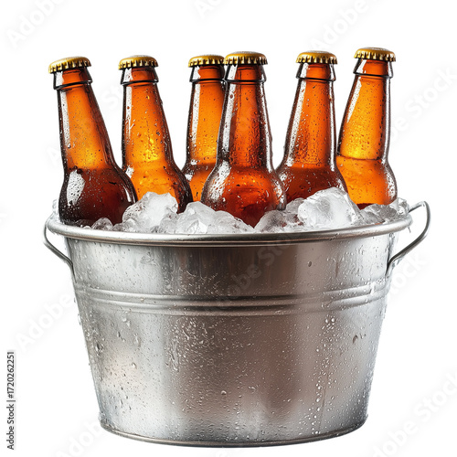 A bucket full of beer with six bottles in it