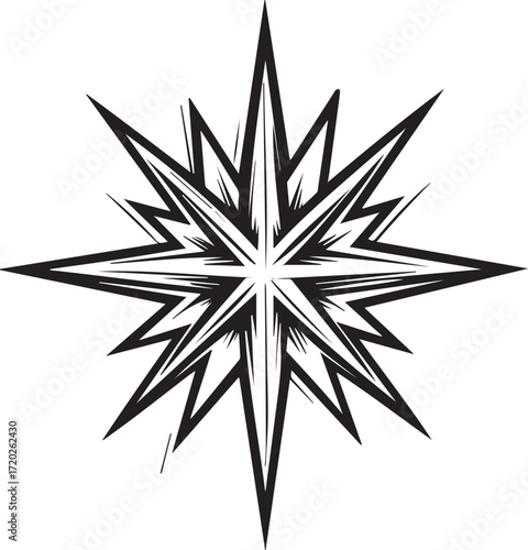 Navigational Starburst: A bold, graphic representation of a compass rose, a symbol of direction, adventure and guidance, in a sleek black and white design. 