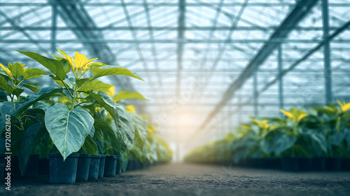 Rows of green plants growing in pots inside a large greenhouse with sunlight streaming through the glass roof