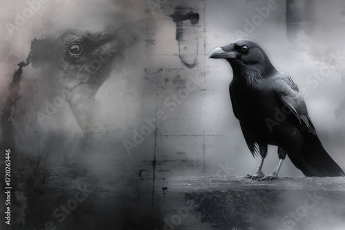 Pensive Raven Against Grungy, Textured Backdrop with Spirit