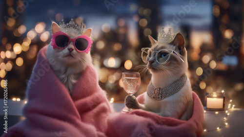 Elegant Cats Enjoying Evening Drinks with Festive Lights