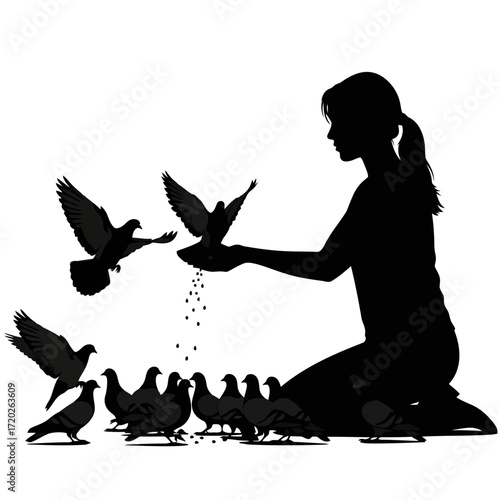 Woman feeding pigeons silhouette isolated on white background