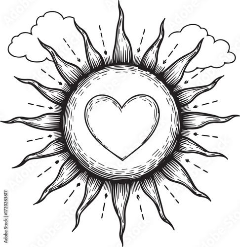 Love in the Sun: A stylized depiction of a radiant sun, with meticulously drawn rays emanating from a central heart, symbolizes warmth, affection, and the nurturing power of love.
