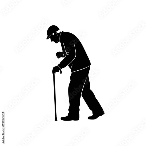 Elderly man walking with a cane silhouette isolated on white background