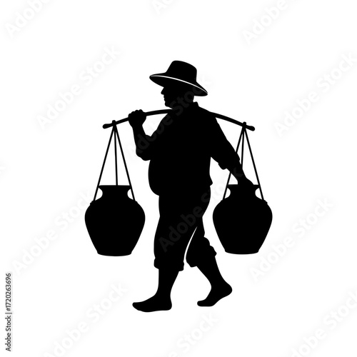 Silhouette of a man carrying water jugs on a yoke isolated on white background