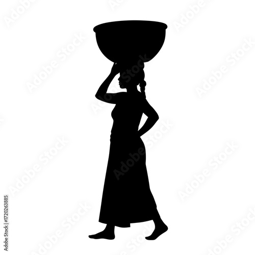Woman carrying basket on head silhouette isolated on white background