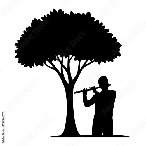 Person playing flute under a tree silhouette isolated on white background