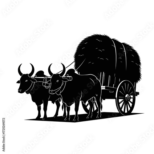 Two oxen pulling a hay cart silhouette isolated on white background